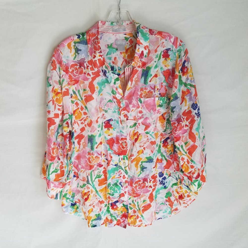 Chico's 100% Linen Floral Colorful Button Front Shirt Blosue‎ Women's Size 2